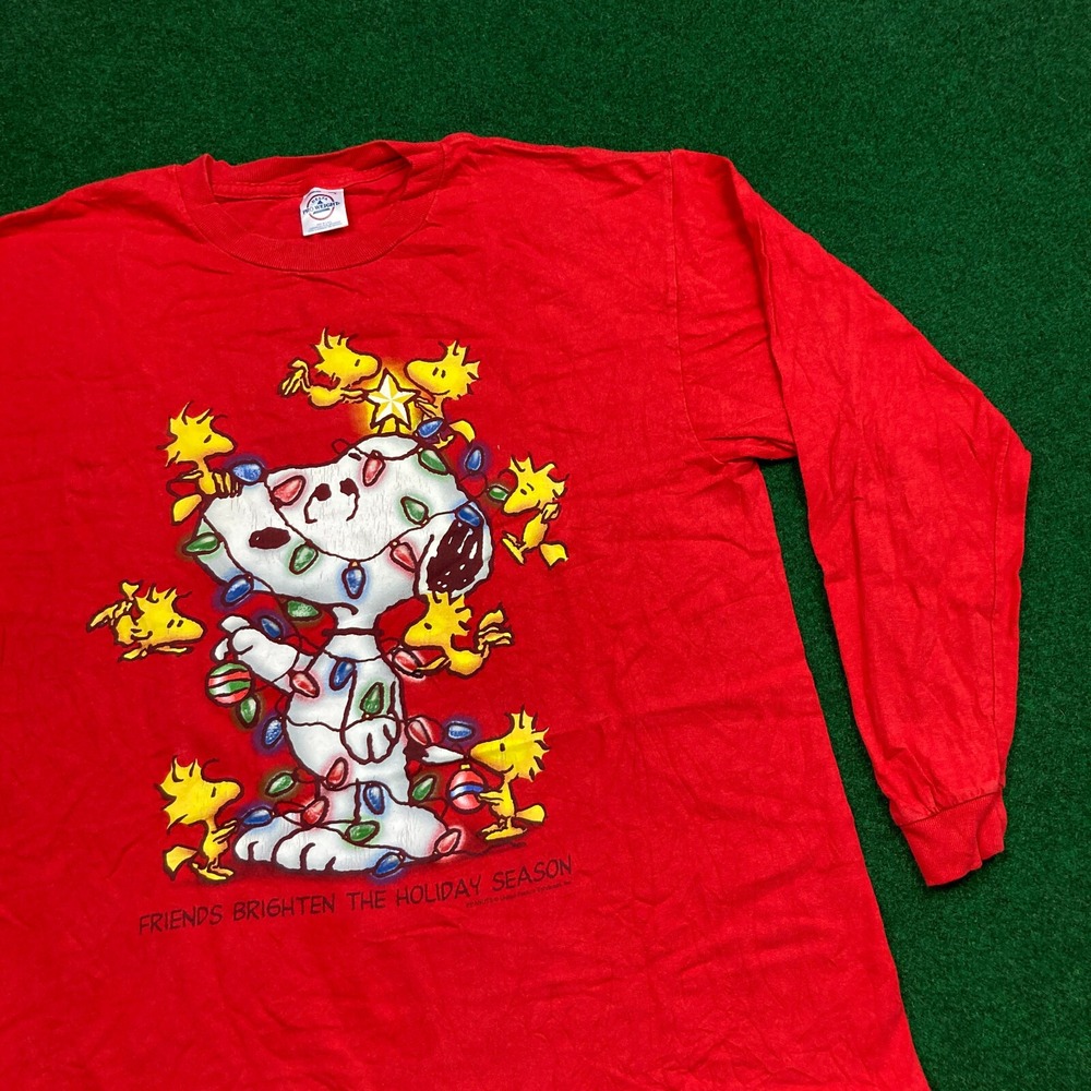 Vintage Peanuts Shirt Mens L Red Snoopy Woodstock Christmas Holiday Graphic Y2K‎